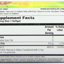 Nature's Life E, D-Alpha and Mixed Tocopherols 400 IU Softgels, 250 Count Nature's Life E, D-Alpha and Mixed Tocopherols 400 IU Softgels, 250 Count